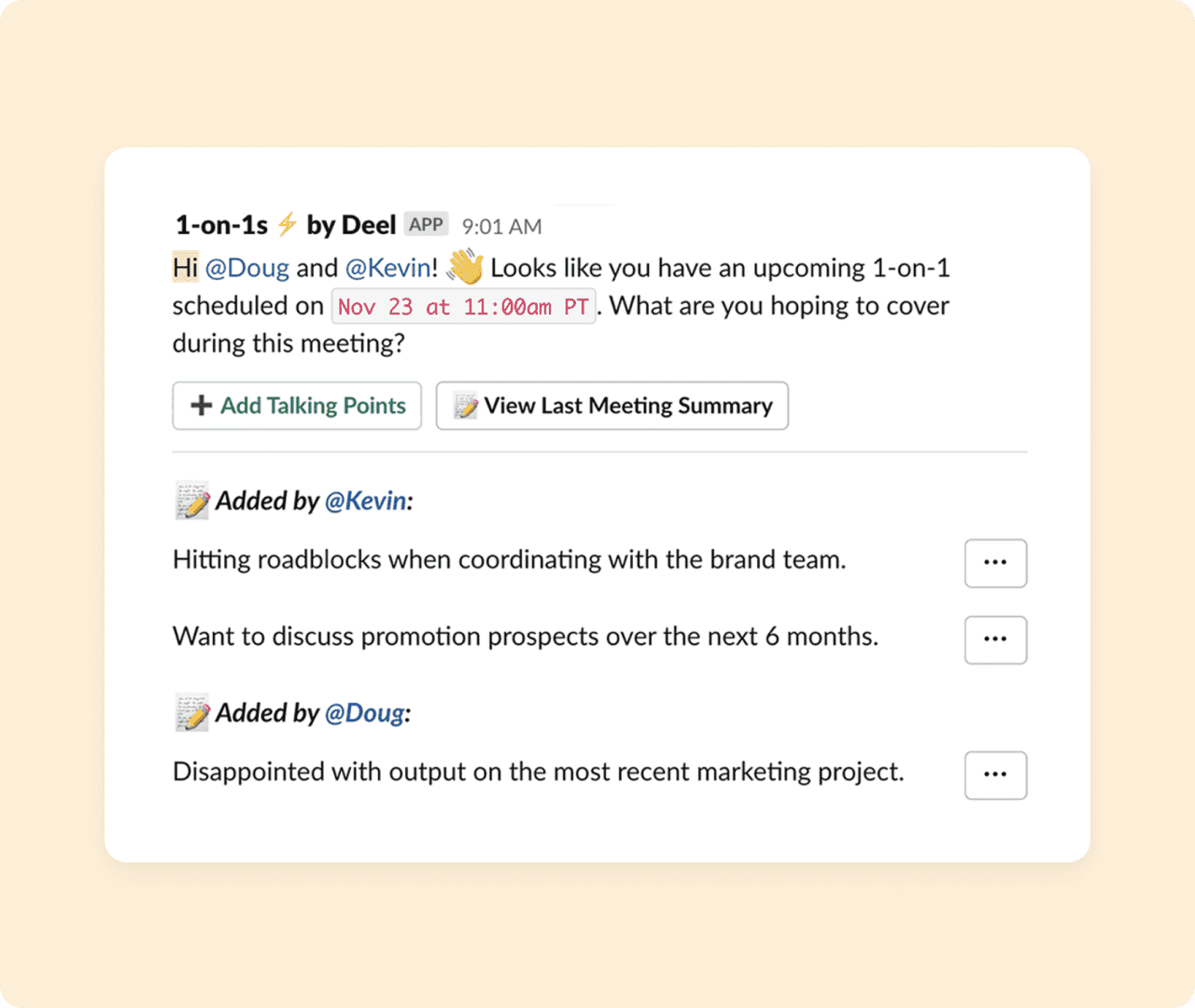 Deel Slack plug-in for 1:1 coordination