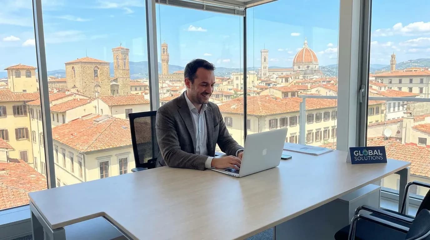 A professional worker in a modern Italian office, representing global remote employment via EOR