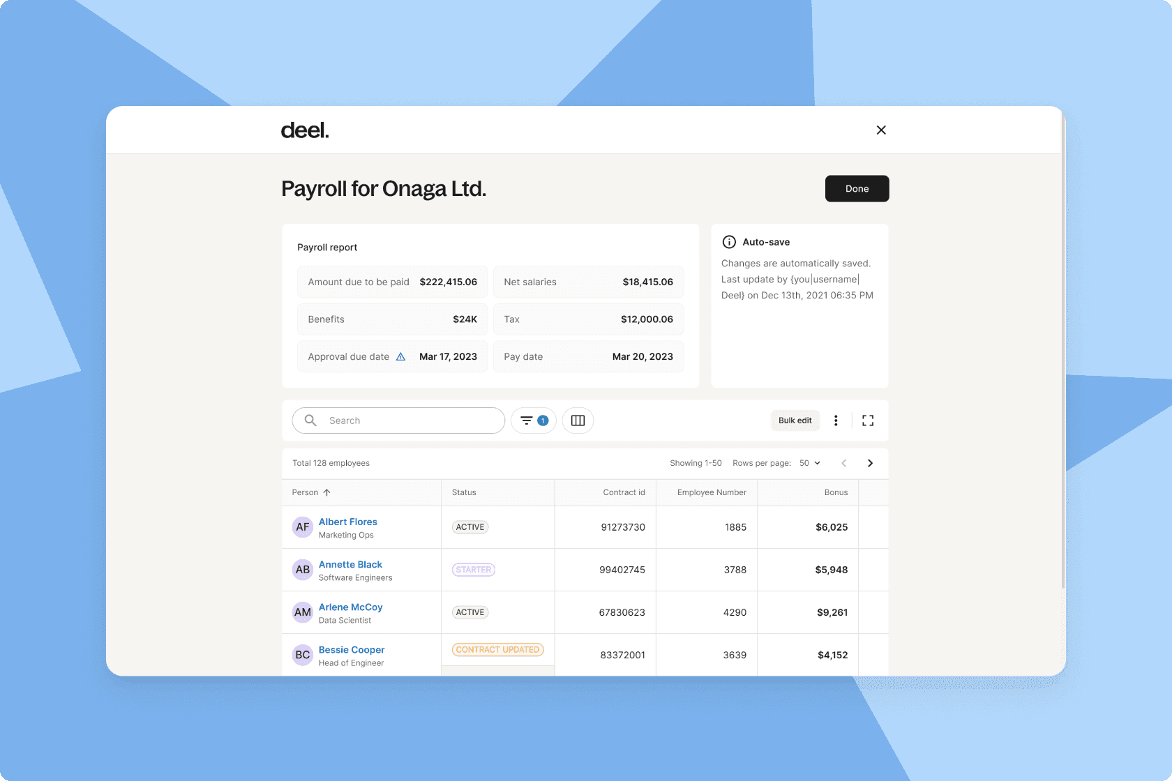 Deel Global Payroll report dashboard